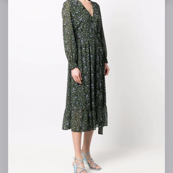 Michael Kors Black Midi Smock Dress w/ Green & Blue Floral Print, Ruffles, NWT! - Picture 2 of 9